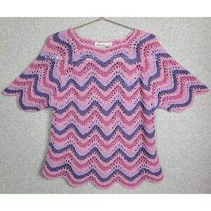 The Villager Vintage Silk Cotton Crochet Chevron Sweater Purple Pink Small
